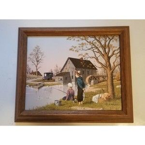 C. Carson Children Fishing Oil Painting Vint Boy Girl Rowboat Framed 7.5"x9.75"